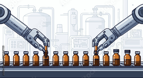 Automated production line with robotic arms filling vials