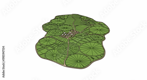 Aerial view of a planned agricultural village with circular fields and pathways