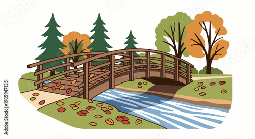 Autumn bridge over a flowing stream with fallen leaves and trees