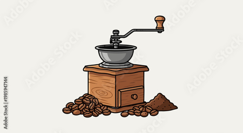 Antique coffee grinder with beans and grounds