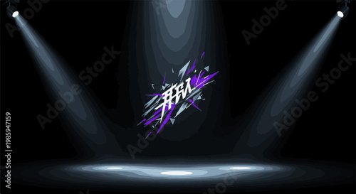 Abstract white and purple shards explode from a central point on a dark stage