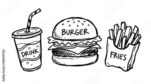 Black and White Line Art Illustration of a Burger, Fries, and Drink, Fast Food Concept