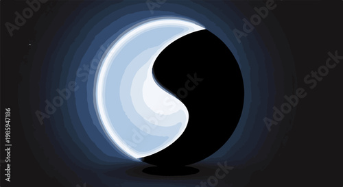 Abstract yin-yang symbol with light blue and white curves against dark blue and black gradient