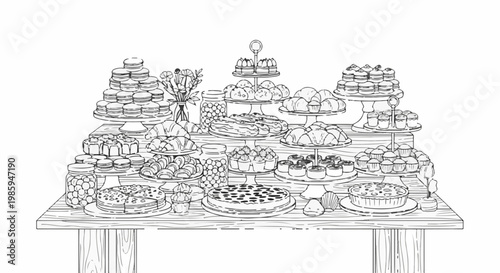 Abundant display of assorted pastries and cakes on a wooden table