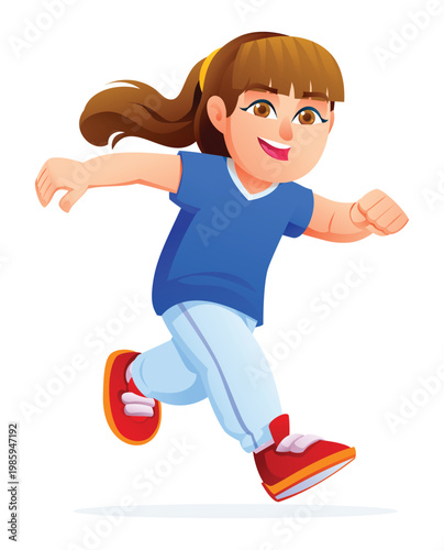 Energetic young girl character sprinting with hair flying during a fun race. Vector cartoon illustration