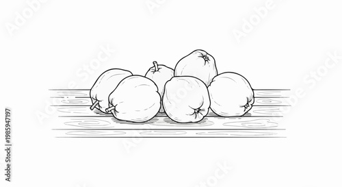 Black and white line drawing of quinces on a wooden surface