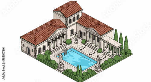 Ancient Roman villa with courtyard pool, statues, and colonnades