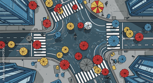 Aerial view of a rainy city intersection with colorful umbrellas and pedestrians