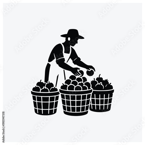 Minimal silhouette illustration of a farmer harvesting apples and baskets of produce.