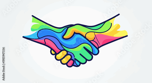Abstract handshake with vibrant, flowing colors