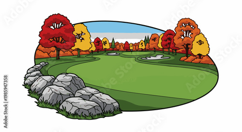 Autumn golf course with colorful trees, sand traps, and rocks