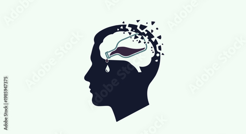 Abstract head silhouette with brain dissolving, liquid pouring out