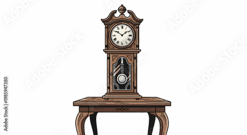 Antique grandfather clock with pendulum displayed on a wooden table