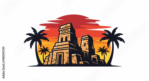 Ancient ruins and palm trees silhouetted against a vibrant sunset