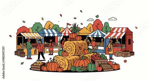 Autumn harvest market scene with people shopping at stalls