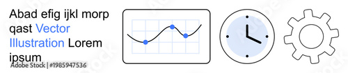 Data analytics, time management, process improvement, productivity tools, workflow automation, business operations. A line graph, clock and gear icon. Data analytics and time management concepts