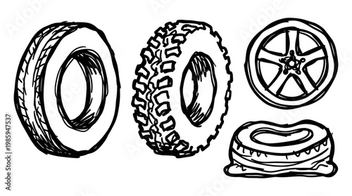 Obraz na plátně Black and White Hand-drawn Line Art of Four Tires and a Car Wheel, Automotive Co