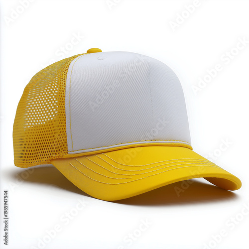 Yellow trucker hat white front panel mesh cap design clean minimal front view