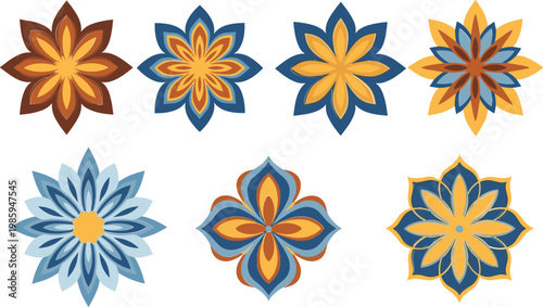 Floral Pattern Icon Set Featuring Decorative Geometric Flower Designs for Creative and Artistic Projects