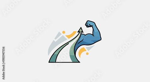 Blue bicep flexing with a green arrow pointing upwards and abstract shapes