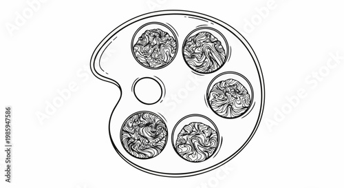 Black and white sketch of a snail dish with six escargots