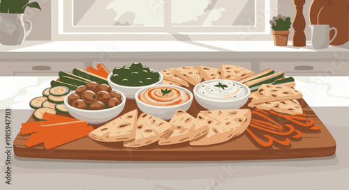 Appetizer board with dips, olives, flatbread, carrots, and cucumbers