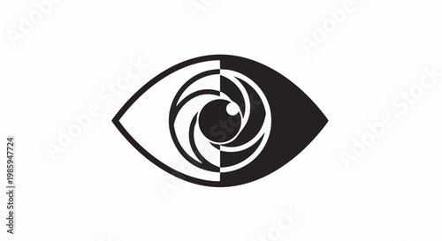 Abstract eye motif with swirling iris, divided into black and white halves