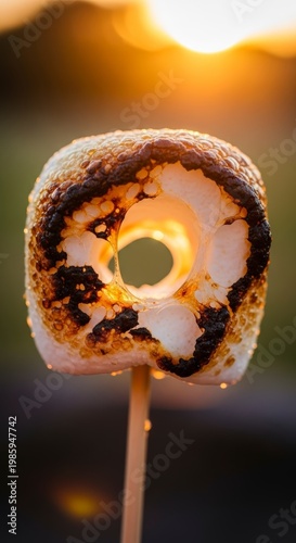 Roasted marshmallow on a stick outdoors.