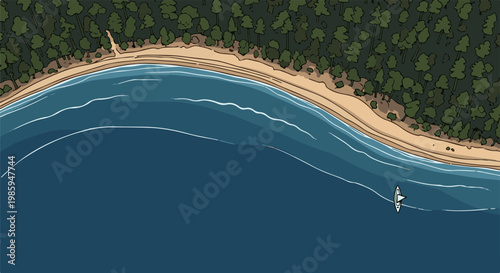 Aerial view of a serene coastline with dense trees and a lone sailboat