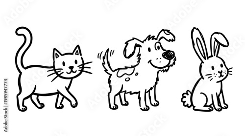 Black and white line art of a cat, dog, and rabbit, vector illustration for children's book, pets, animals