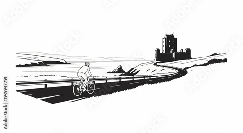 Bicyclist rides along a coastal road towards a historic castle on a hill