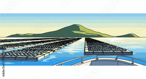 Aquaculture rafts on tranquil water with distant hills under a soft sky