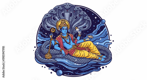 Blue deity reclines on serpent under starry cosmic sky