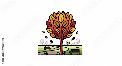 Autumn tree shedding leaves in a park with benches and path