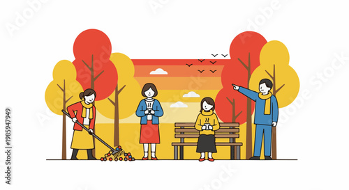 Autumn park scene with people raking leaves and enjoying drinks