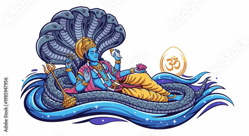 Blue deity rests on serpent under cobra hood, holding lotus and shell