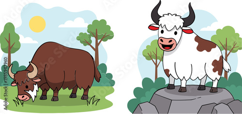 Cartoon Buffalo Icon Set Featuring Grazing and Standing Buffalo in Scenic Outdoor Environments for Wildlife and Nature Designs