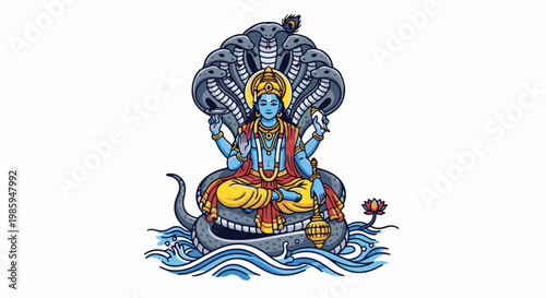 Blue deity seated on snake within waves, serene posture