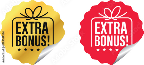 Extra bonus vector. Luxury gold and red label. Gift icon, logo, sign, seal, symbol, and sticker. Vector illustration.