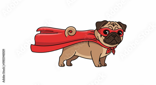 Adorable pug dog dressed as a superhero with a red cape and mask