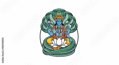 Blue deity with multiple arms, seated on lotus, protected by hooded snakes