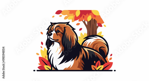 Adorable tri-colored dog sits surrounded by colorful autumn leaves and a tree
