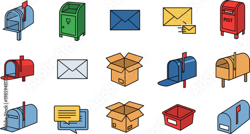 Postal and Delivery Icons Vector Set Featuring Mailbox Envelope Parcel Box and Shipping Elements
