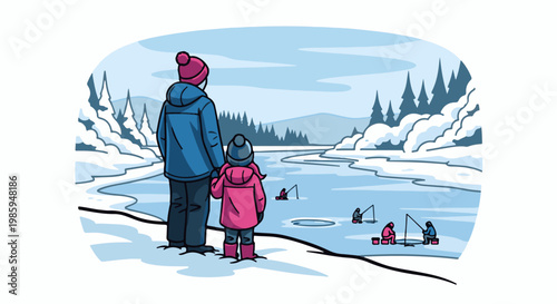 Adult and child watch people ice fishing on a frozen lake in winter