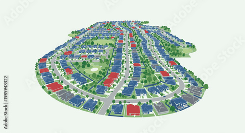 Aerial view of a stylized, isometric neighborhood with blue, red, and gray houses