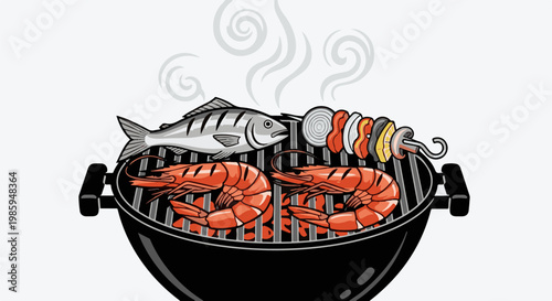 Barbecue grill with shrimp, fish, and vegetable skewer cooking
