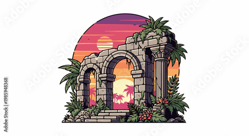Ancient stone arches overgrown with lush green foliage at sunset