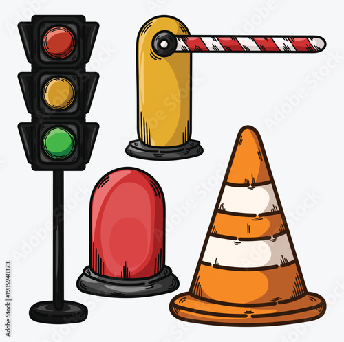 illustration of traffic, lights and other objects at traffic lights