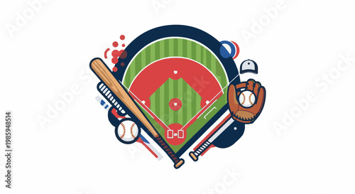 Baseball field with bat, ball, glove, cap, and abstract elements