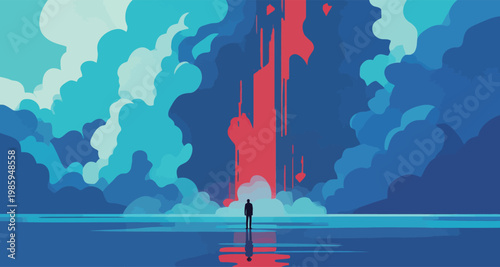 Minimalist Figure Against Vibrant Abstract Sky